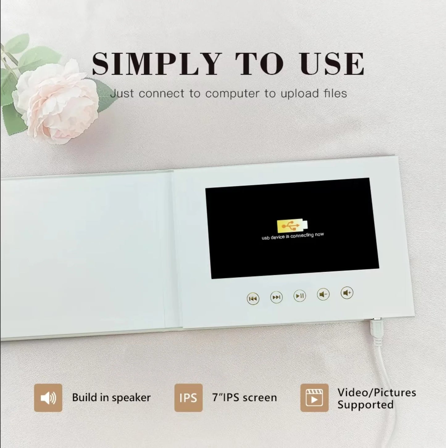 Linen Bound Memory Video Book Card 7 inchs Photo Frame 4GB Lcd Invitation Gift Music Greeting Card Upload Videos Photos Wedding