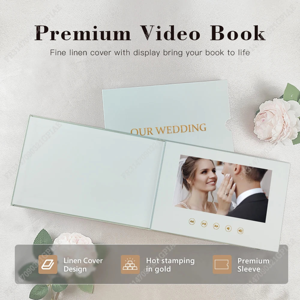 Luxury Linen Electronic Video Book Wedding Video Album Up to 3 hours of video 7″ IPS Display, 4GB of memory Rechargeable Battery